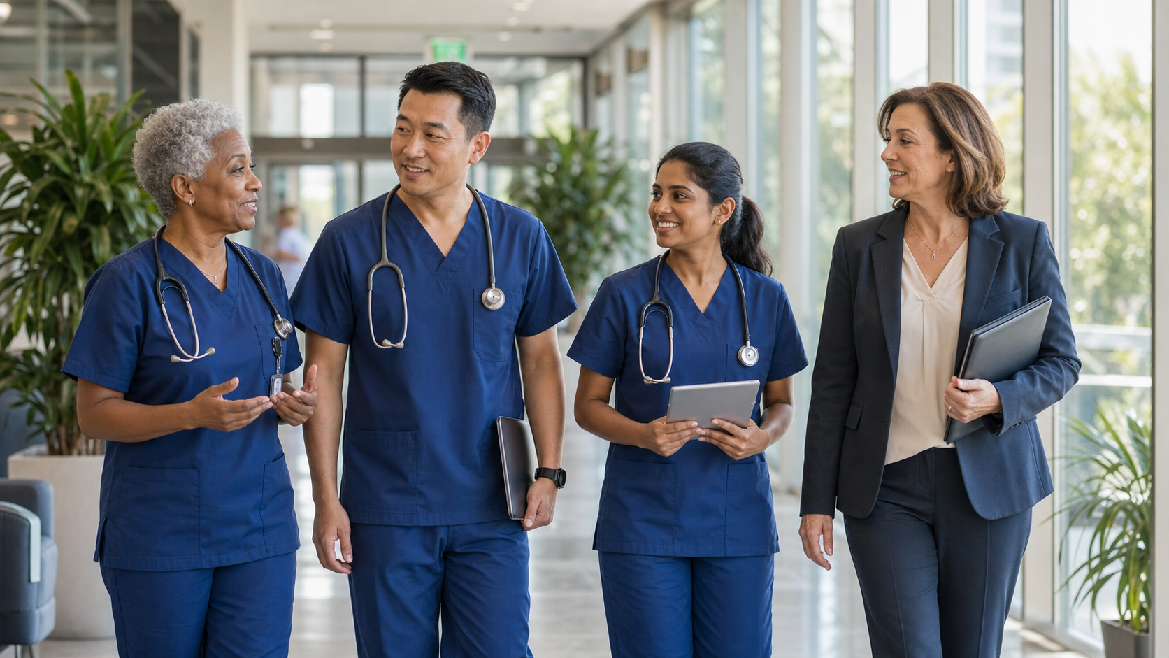 Diverse healthcare team walking through a facility corridor